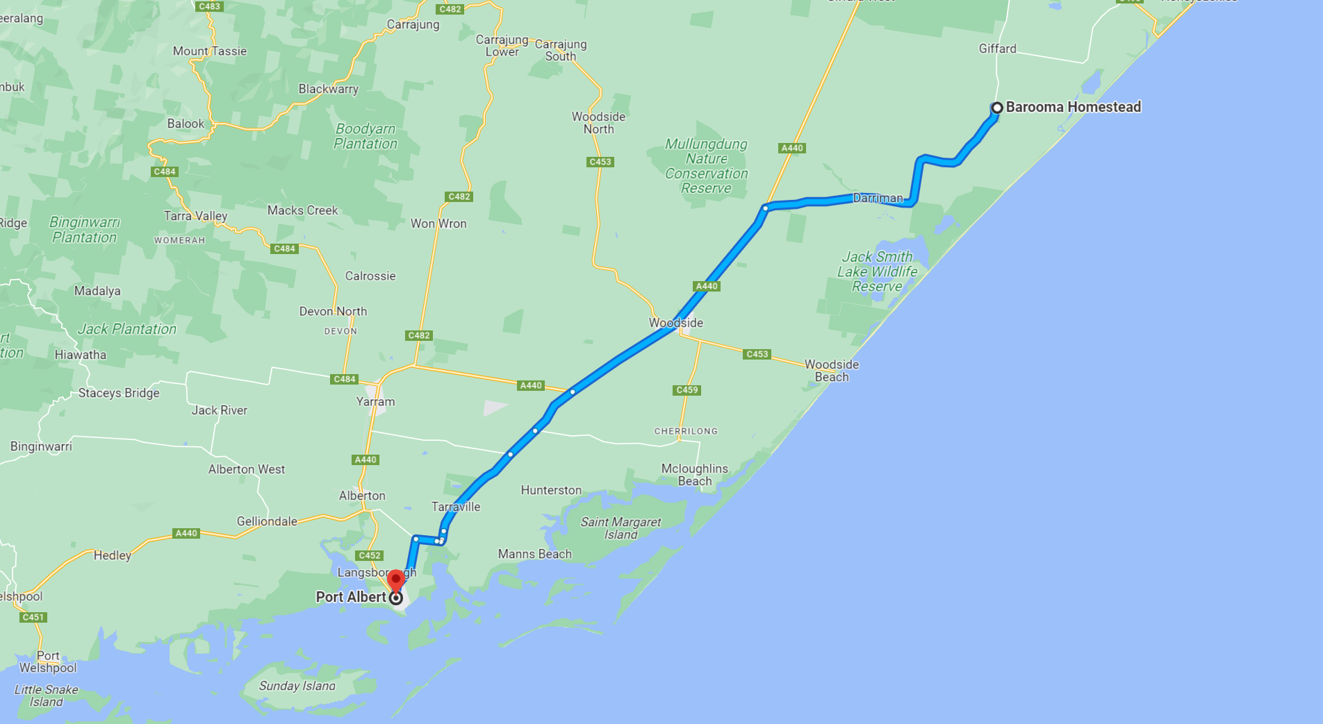 Map - Barooma Homestead to Port Albert