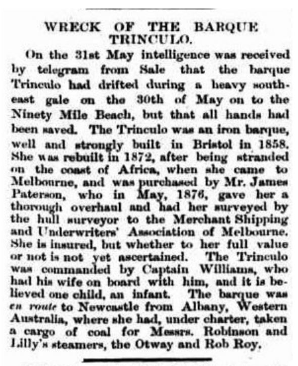 Newspaper Story of Trinculo Shipwreck