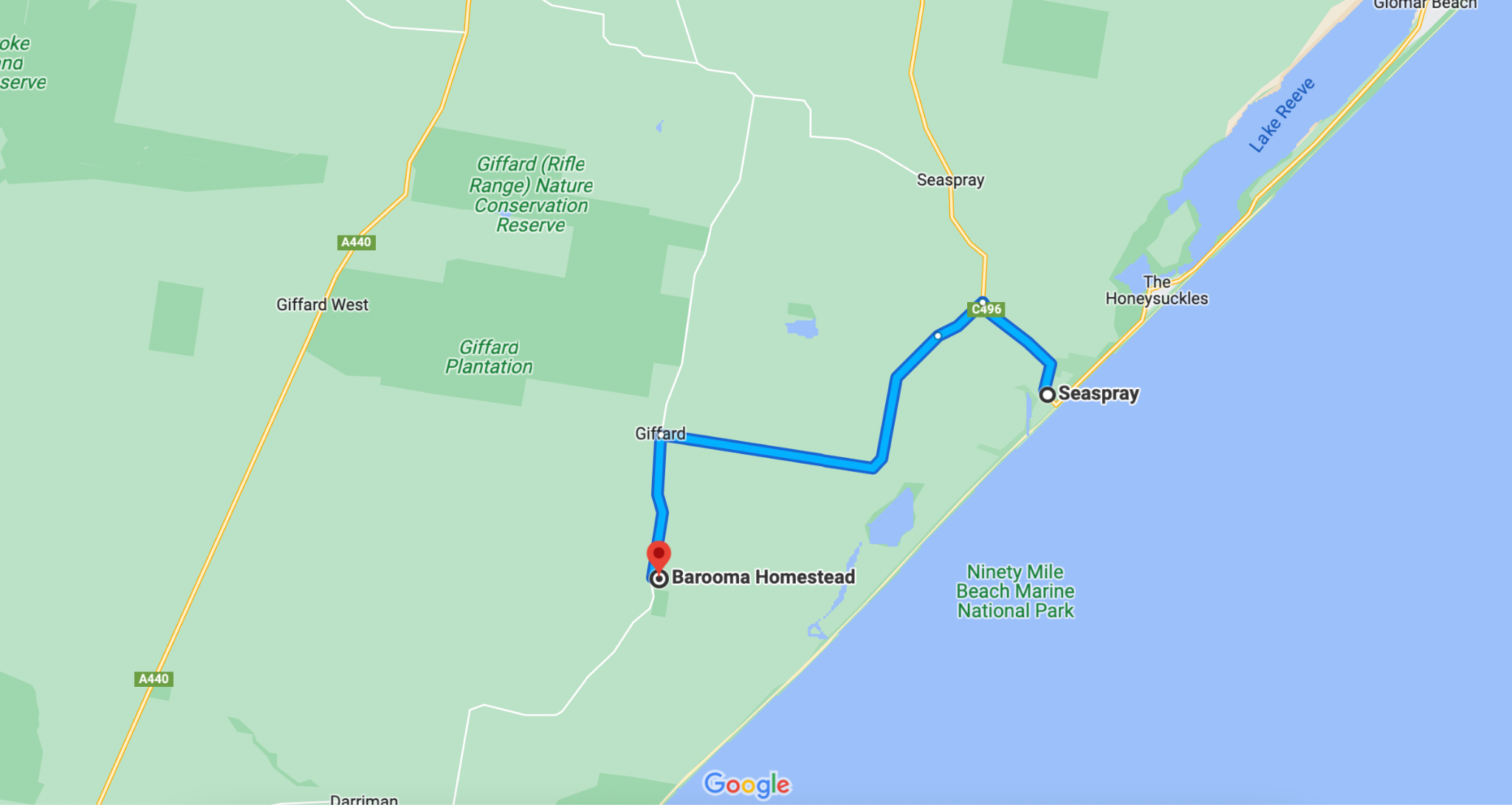 Map - Barooma Homestead to Ninety Mile Beach
